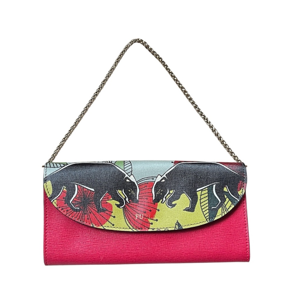 Furla Babylon Panther Leather Wallet Red Black Gold Tone Chain Clutch Mini-bag